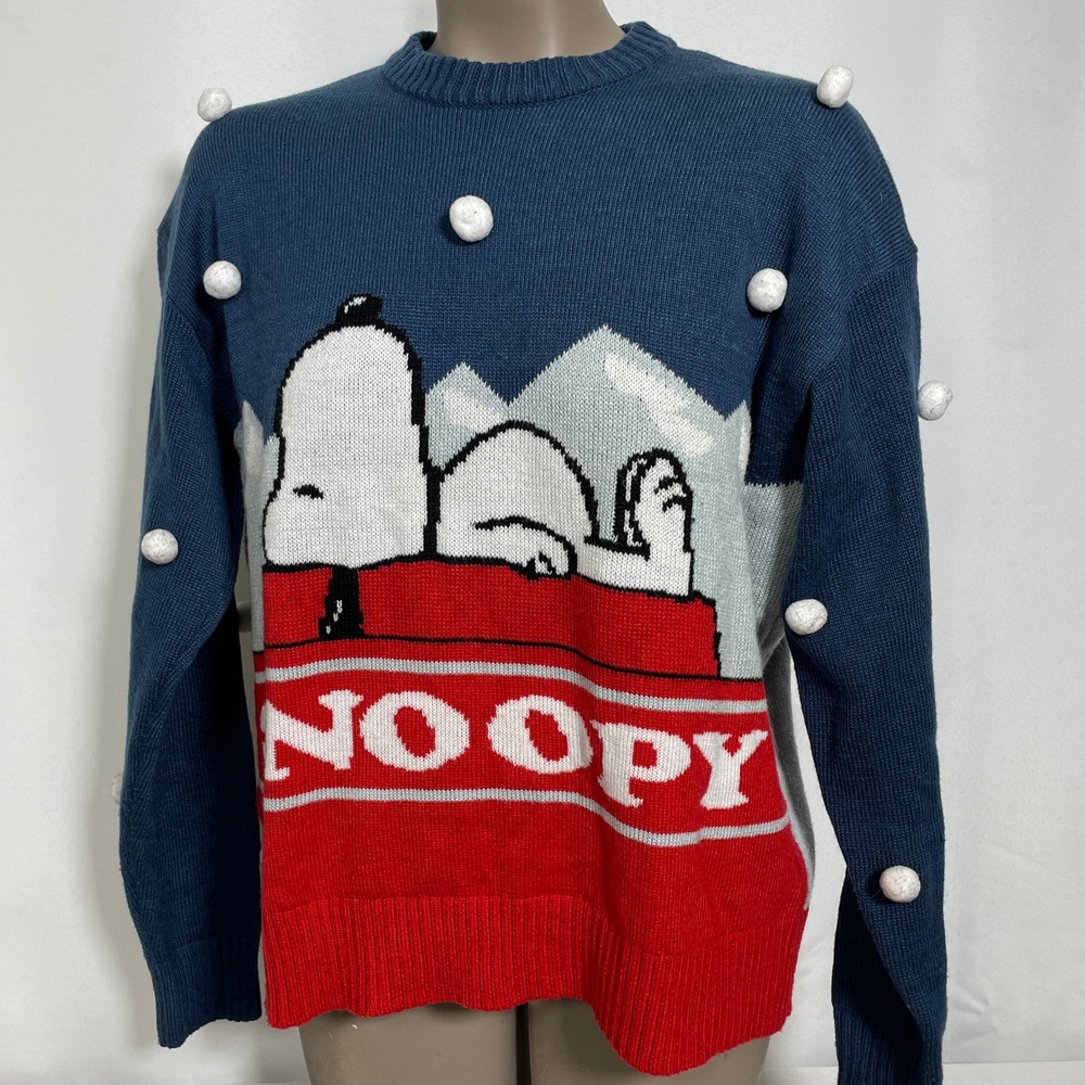 Peanuts Snoopy Navy Blue Pom Pom Christmas Knit Holiday Sweater Women's SMALL - Picture 4 of 10